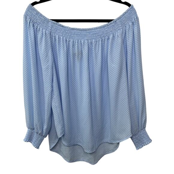 Express Smocked High Low Off-The-Shoulder Blouse Polka Dot Blue Womens Size XL - Picture 1 of 9